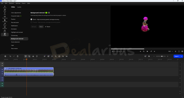 movavi-ai-background-removal Movavi Video Editor 2027 AI Background Removal feature in action, automatically detecting and removing the video background, keeping only the focus subject.