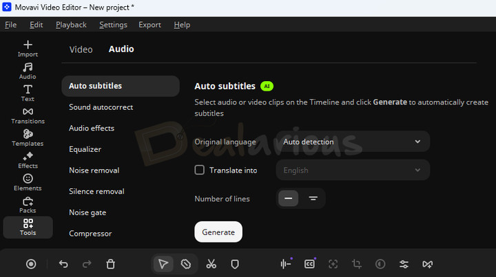 movavi-audio-editing-tools Movavi Video Editor 2027 showing audio editing tools like Auto subtitles, Noise removal, Audio effects, and Beat detection