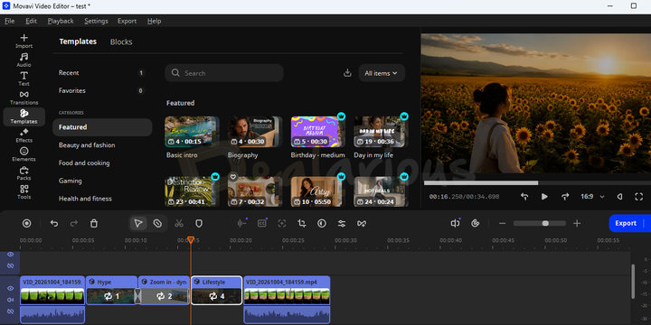 movavi-templates-and-blocks Movavi Video Editor 2027 showing the Templates library with featured video templates and categories