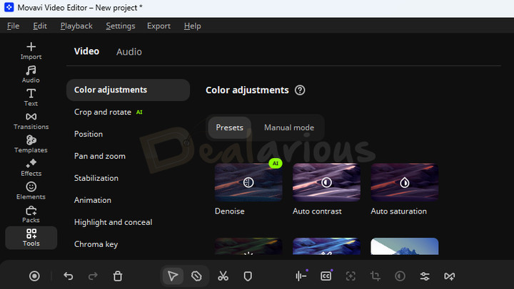 movavi-video-editing-tools Movavi Video Editor 2027 showing video editing tools like Stabilization, Chroma key, Crop and rotate, and Scene detection