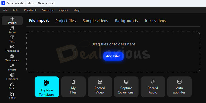 movavi-video-editor-2027-file-import Movavi Video Editor 2027 File Import tab displaying options to add templates, import media files, record video, capture screencast, record audio and creating auto subtitles.