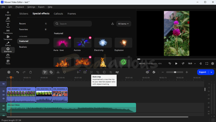 movavi-video-editor-2027-interface Video Editor 2027 interface showing the Special effects library with featured effects such as Aura, Aurora, Electricity, and Explosion.