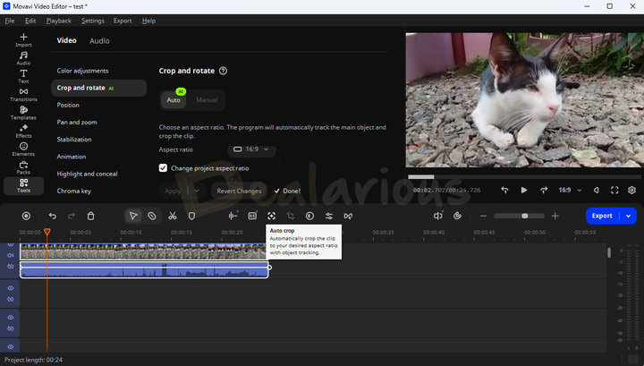 movavi-video-editor-ai-crop-and-rotate Crop and rotate AI tool automatically tracking a cat to crop the video to a selected aspect ratio.