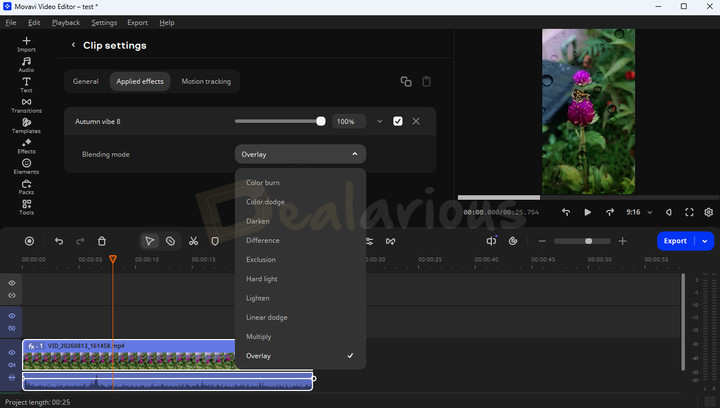movavi-video-editor-blending-mode Movavi Video Editor Clip settings showing the Blending mode option set to Overlay for an applied Autumn Vibe effect