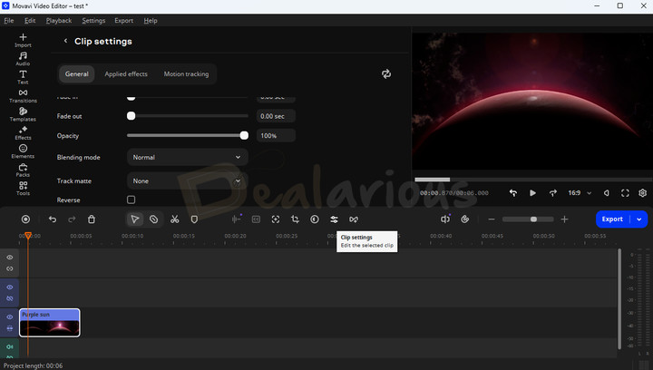 movavi-video-editor-clip-settings Movavi Video Editor Clip Settings panel showing speed, fade in and out, opacity, blending mode, and other clip controls.