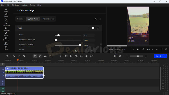 movavi-video-editor-effects Movavi Video Editor Clip settings showing applied VHS effect controls and preview