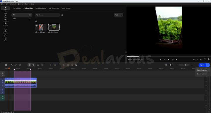 movavi-video-editor-export-fragment Movavi Video Editor interface showing the Export button with the Export fragment option to save only a selected part of the video.