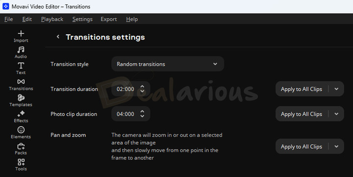 transition-settings-movavi Movavi Video Editor 2027 Transition settings showing random transitions, transition duration, photo clip duration, and pan-and-zoom options.