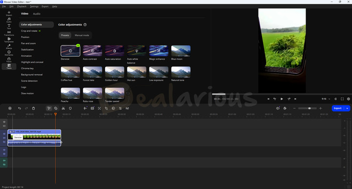 video-denoise Movavi Video Editor Color adjustments panel showing AI Denoise and preset options such as Auto contrast, Auto saturation, and Natural tone.