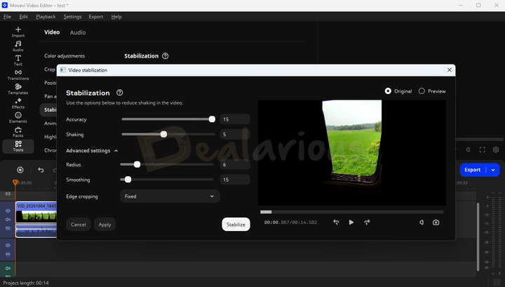 video-stabilization-in-movavi Video Stabilization tool with adjustable accuracy, shaking, smoothing, and edge cropping settings.
